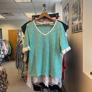 Ruffle Trim Striped Top - Blue and White